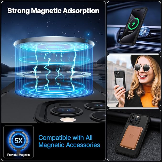 CENHUFO Privacy for iPhone 15 Pro Case, Full Body Phone Case [Compatible with Magsafe] Built-in 9H Tempered Glass Privacy Screen Protector and Magnetic Ring Stand, Clear Camera Lens Cover - Black