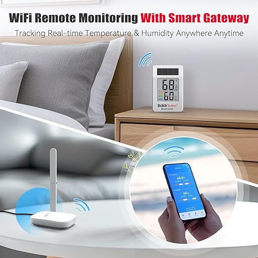 BaldrTherm WiFi Thermometer, Wireless Smart Thermometer, Remote Temperature Monitor with Gateway&Solar Sensor,200ft Coverage, App Alerts,12-Month Battery, Comfort Indicator, Data Sync Recover,3Pack