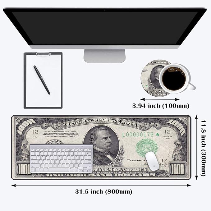 Desk Pad Mat Gaming Mouse Pads with Coasters Set, Stitched Edges Design Mouse Pad XXL Large Mouse Pad for Laptop Computers 1000 Dollar Bill Desk Writing Mat for Office & Home 31.5x 11.8