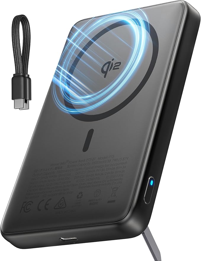 INIU Magnetic Power Bank, 15W Wireless Charging, Fast Charging with Attached USB-C Cable, Battery Pack with Stand