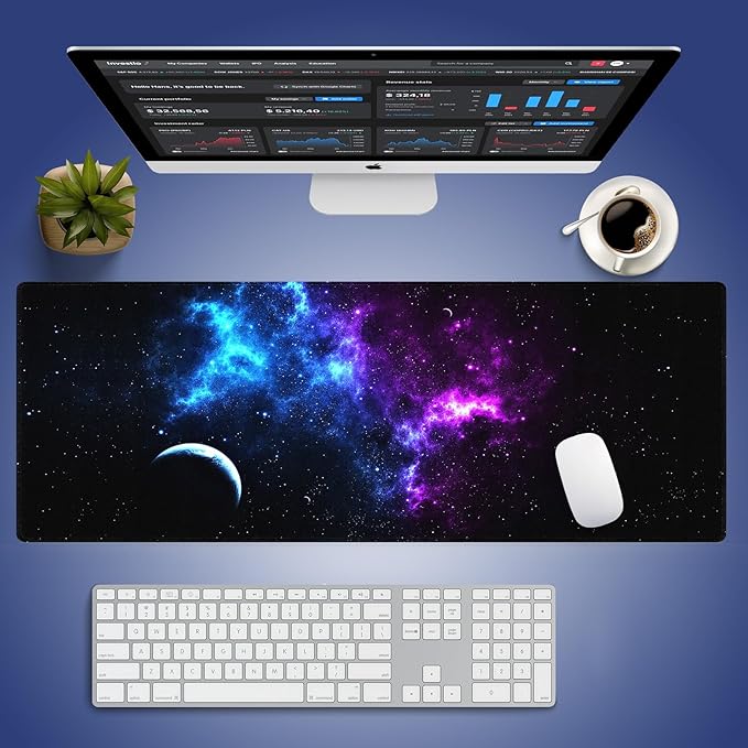 Wknoon. Extra Large Gaming Mouse Pad (31.5" x 11.8") with Durable Stitched Edges – A Blend of Blue and Purple Nebulae with Space Planets Cosmic Galaxy Dance, Anti-Slip Base Extended XXL Desk Mat
