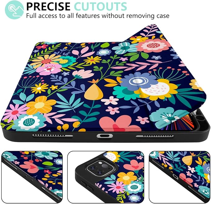 DONGKE Case for iPad Pro 11 inch (4th, 3rd, 2nd & 1st Gen) 2022 2021 2020 2018, Trifold Stand + Pencil Holder + Auto Wake/Sleep + Soft TPU Protective Stand Back Cover, Florals