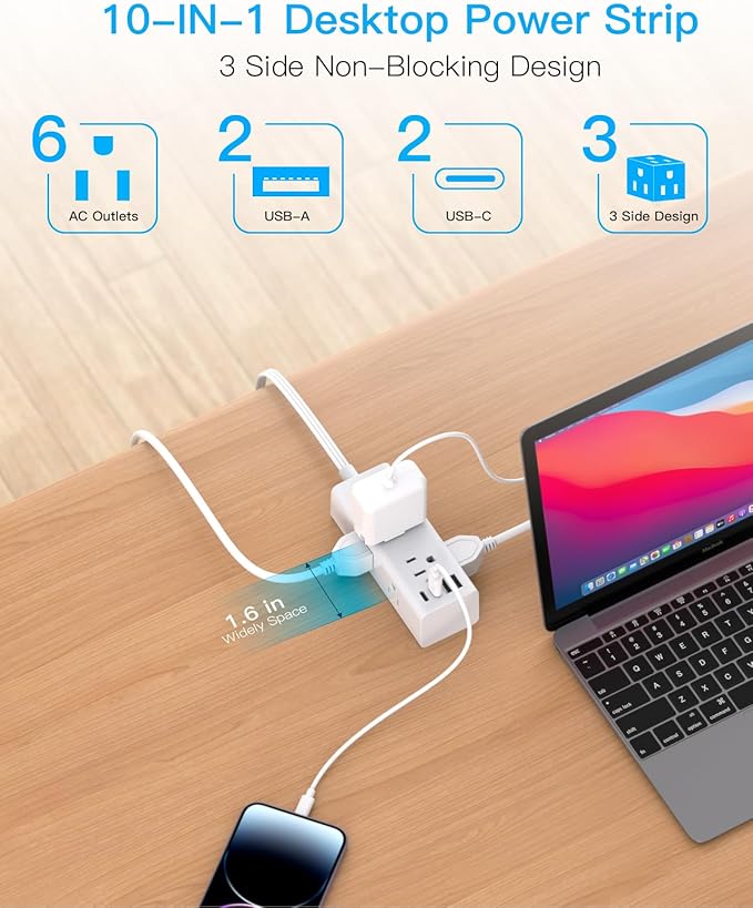 20Ft Extension Cord with Multiple Outlets, Flat Plug Power Strip Surge Protector with 20 Ft Long Cord, 6 Outlet 4 USB Ports (2 USB C), Multi Outlet Wall Plug for College, Dorm Room Essentials(White)