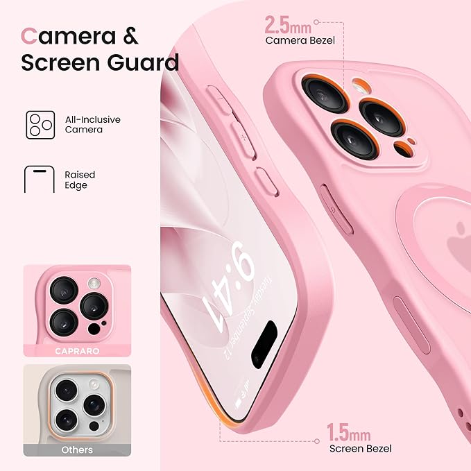 CAPRARO for iPhone 16 Pro Case with 360° Spin Magnetic Stand for Women, [Compatible with MagSafe] [Full Camera Protection] Cute Wave Translucent Matte Case for iPhone 16 Pro, Peach Pink