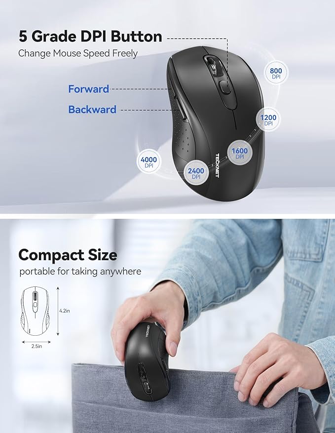 TECKNET Wireless Mouse for Laptop, 2.4G Ergonomic Optical Mouse Silent Bluetooth Mouse(BT5.0) 4000DPI Adjust, Computer Portable PC Quiet Mice with USB-A Receiver & 6 Buttons for Mac, 18 Months Battery