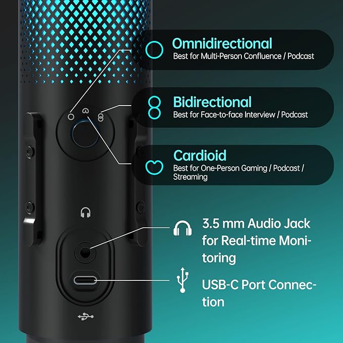 JARO USB Multi-Polar Pattern Condenser Microphone with Mute Noise Cancelation RGB for Podcasting Gaming Streaming YouTube Zoom AMSR Singing Recording [Compatible with PC Laptop Mac PS4/5], J101-CS