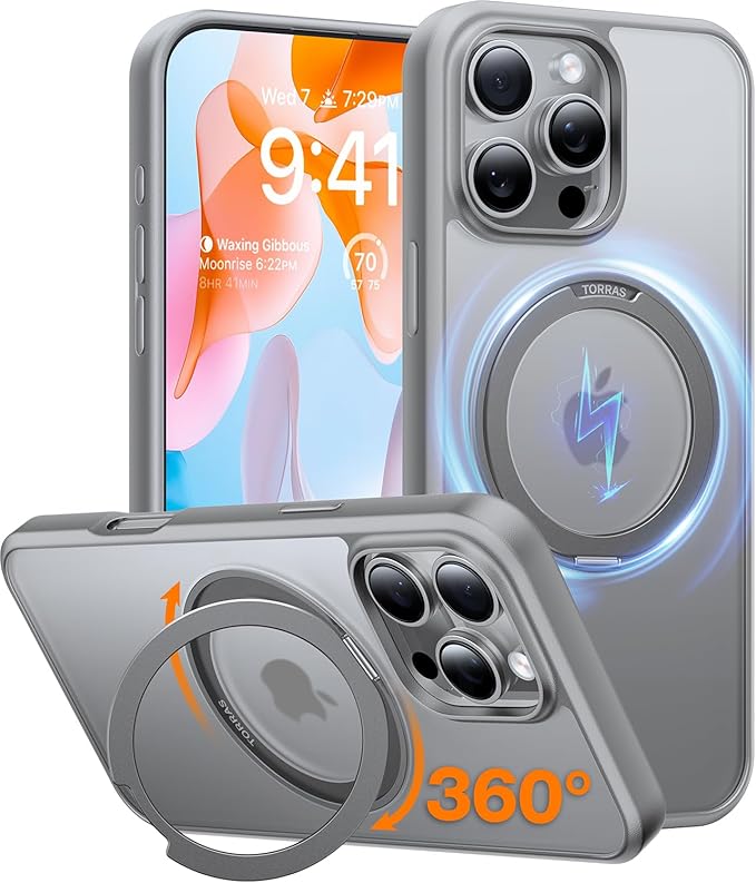 TORRAS 360 Rotatable Magnetic Ring Only for iPhone 16 Pro Max Case, Fit for MagSafe with Stand Ring Holder, 16FT Mil-Grade Shockproof Translucent for iPhone 16 Pro Max PC&TPU Case Ostand, Grey