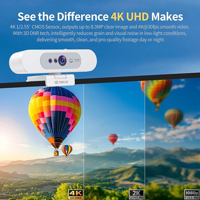 TOALLIN 4K UHD Webcam for PC, Windows Hello Compatible Web Camera, Facial Recognition, Autofocus, Built-in Mic & Privacy Shutter, USB Webcam for Laptop/Desktop, Online Meetings, Streaming, Video Calls