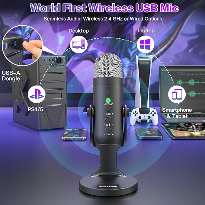 ZealSound Wireless Microphone,USB Mic for iPhone PC iPad Android Phone-Cordless Condenser Desktop Microphones with Mute Echo Monitor Volume Gain 2.4GHz for Podcast,ASMR,Gaming,YouTube Video/K66 Black