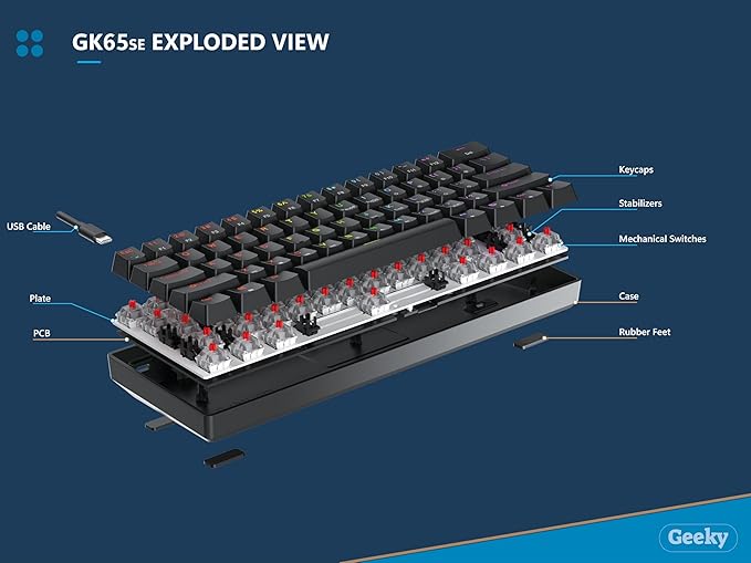 Geeky GK65 65% | Hot Swappable Mechanical Gaming Keyboard | 68 Keys Multi Color RGB LED Backlit for PC/Mac Gamer | ANSI US American Layout (Black, Mechanical Brown)
