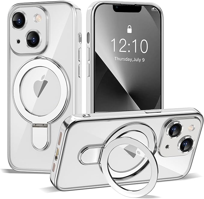 Compatible with iPhone 13 Case with Invisible Magnetic Ring Stand [Compatible with Mag-Safe] [Full Camera Lens Protector] Plating Clear Phone Case for iPhone 13 6.1", Silver
