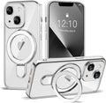 Compatible with iPhone 13 Case with Invisible Magnetic Ring Stand [Compatible with Mag-Safe] [Full Camera Lens Protector] Plating Clear Phone Case for iPhone 13 6.1", Silver