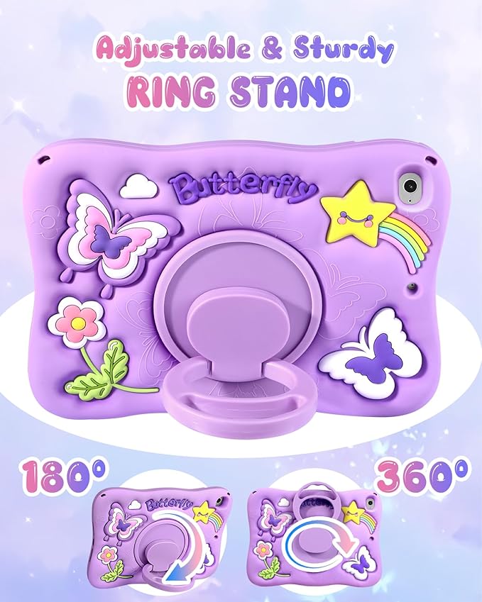 Kidcube for iPad Mini 4 Case, for iPad Mini 5 Case 2015/2019 - Girls Cute Kawaii Girly 3D Purple Butterfly Design Cover with Rotating Stand & Strap Silicone Teen for iPad Mini 4th/5th Generation Cases