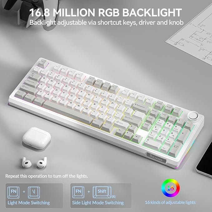 SOLAKAKA KI99 Pro 96% Wireless Mechanical Keyboard, RGB Gaming Keyboard, Hot-Swappable Pre-Lubed Switches, Gasket Structure Creamy Keyboards (Graywhite, Silent Switch)