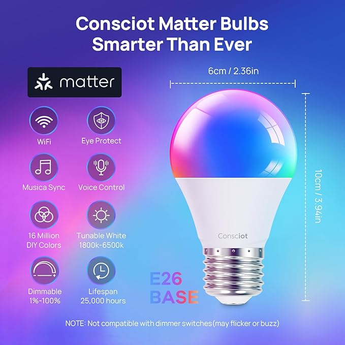 Consciot Matter WiFi Smart Light Bulbs Works with Alexa/Google Home/Apple Home/Siri/SmartThings, RGBTW Color Changing LED Light Bulb That Music Sync, A19 E26 60W Equi, 2.4Ghz WiFi&Bluetooth, 2 Pack