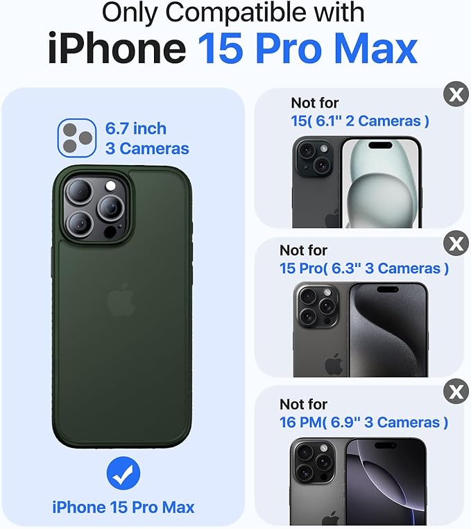 for iPhone 15 Pro Max Case, [Military-Grade Drop Protection][Anti-Yellowing] Shockproof Protective Translucent Matte Cover for iPhone 15 Pro Max Phone Case,Alpine Green
