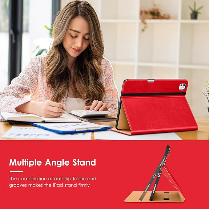 VIKESI Case for iPad Pro 13-inch M5 or M4 Released in 2025 or 2024, Leather Stand Cover with Apple Pencil Holder, Auto Wake/Sleep, Multiple Viewing Angles, Built in Hand Strap & Pocket,Bright Red