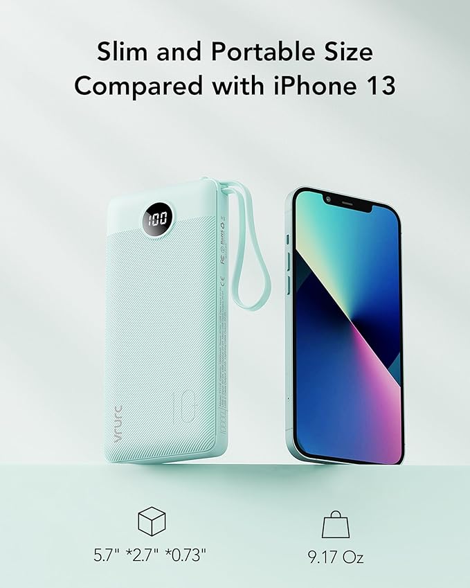 VRURC Portable Phone Charger for iPhone, 10000mAh Power Bank Built in Cables & Lanyard, Slim USB C Battery Bank 5 Outputs for Multi Devices,Travel Essential for College Students Teen Boys Girls-Green