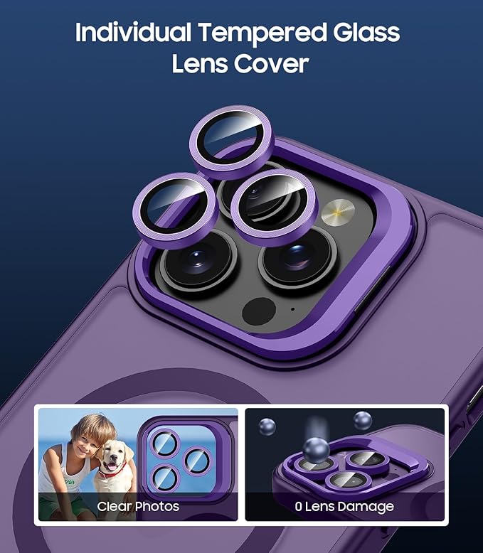 TOBOVON for iPhone 16 Pro Max Case, Compatible with MagSafe, Built-in Camera Ring Stand, with Individual Camera Cover, Translucent Matte Military-Grade Drop Protection Magnetic Case, Purple
