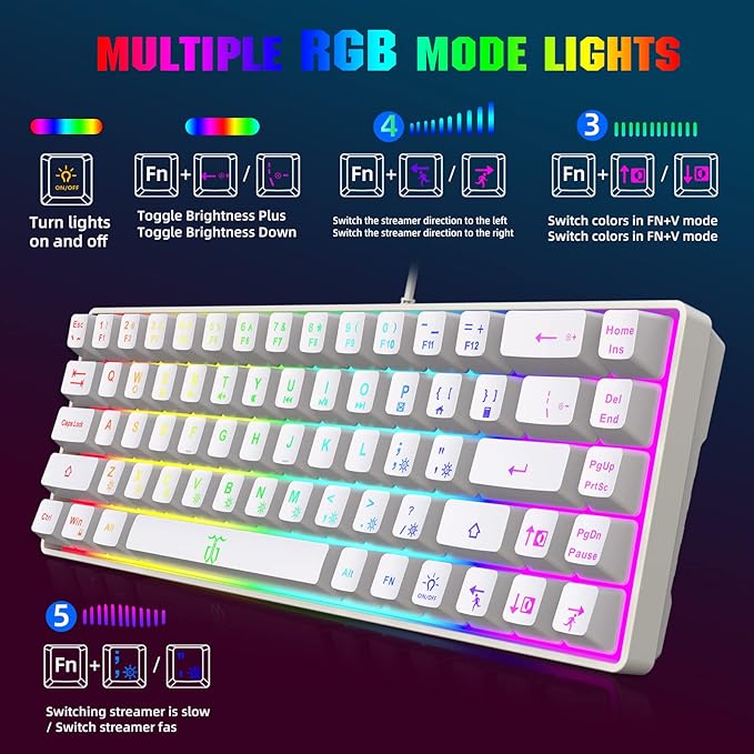 Snpurdiri 60% Percent Gaming Keyboard, Compact RGB Backlit Ergonomic Small Mini Keyboard for Windows, PC, Laptop, Gaming (68 Keys, White)