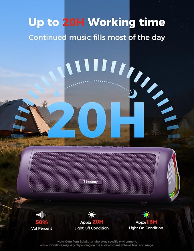 BolaButty Bluetooth Speaker Portable Wireless, IPX5 Waterproof, Up to 20H Playtime, TWS Pairing, BT5.3, for Home/Party/Outdoor/Camping/Beach Essentials, Birthday Gift (Purple)