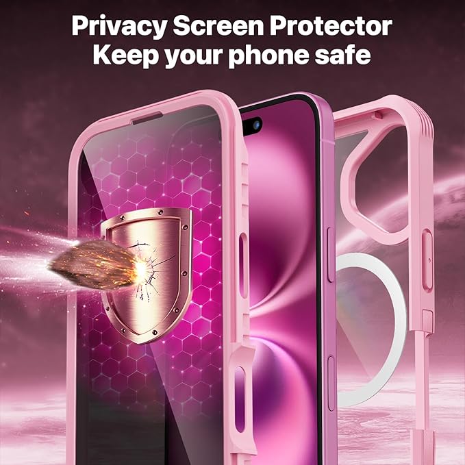 CENHUFO Magnetic Privacy for iPhone 16 Plus Case [Compatible with Magsafe] Full Body Phone Case Built-in 9H Tempered Glass Privacy Screen Protector and Camera Lens Cover, Shockproof Bumper - Pink