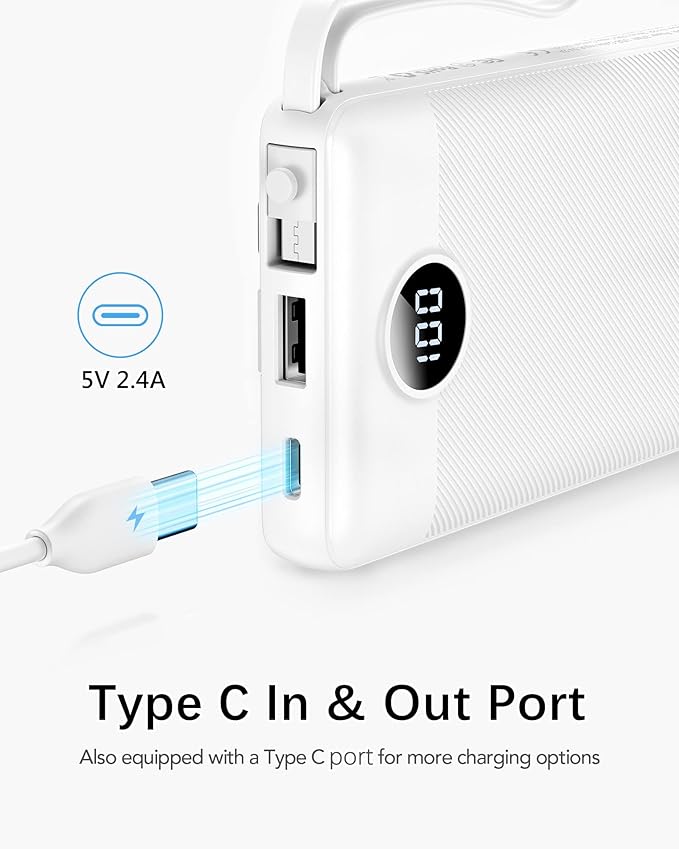 VRURC Portable Charger Built in Cables, Slim Power Bank 10000mAh, Multi Devices Charging Bank with Lanyard, USB C Battery Pack 5 Outputs for iPhone 17 Pro 17 16 15 14 13, Samsung Phones-White(1 Pack)
