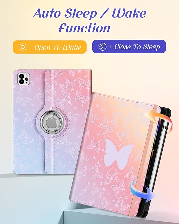 Kidcube for iPad Pro 11 Inch Case M4 2024 5th Generation - Women Girls Kid Cute Rotating Stand Folio Cover with Pencil Holder & Card Slot Kawaii Butterfly Design for iPad Pro 11'' Case 2024 M4 5th Gen