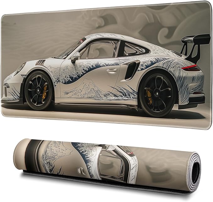 White Ukiyo-e Style Sports Car Mouse Pad Abstract White Mouse Pad 31.5x11.8 Inch Texture Non-Slip Rubber Base Large Mousepad Stitched Edges Keyboard Mouse Mat Desk Pad for Office and Home