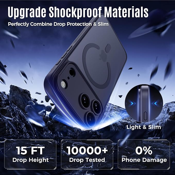 Symcele Designed for iPhone 17 Pro Case, Compatible with MagSafe, [Camera Protection] [15FT Military Drop Protection] Shockproof Translucent Matte Anti-Slip Phone Case, 6.3", Deep Blue