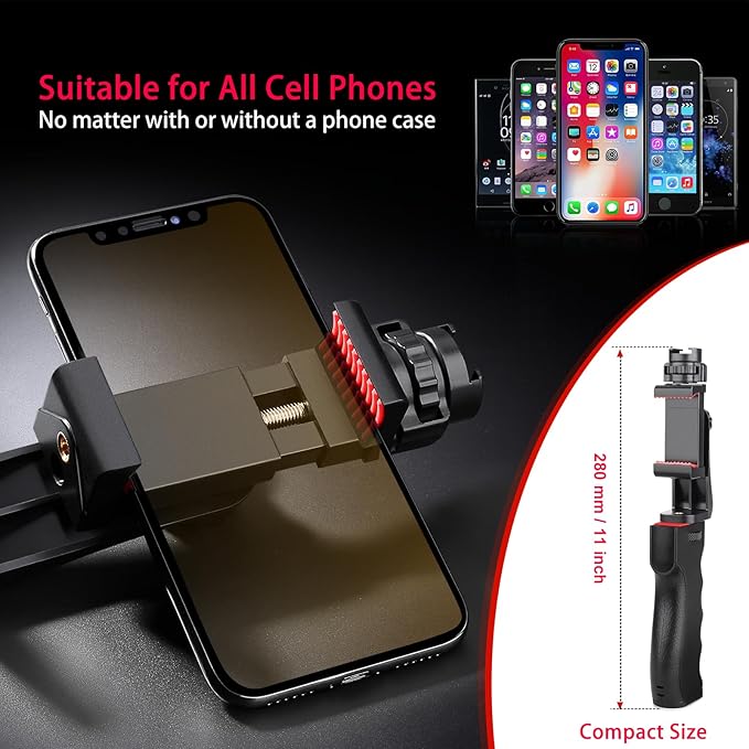 Zeadio Smartphone Stabilizer, Vlogging Hand Grip Video Holder Rig Handle Travel Selfie Stick with Clamp Mount for All iPhone and Android Mobile Cell Phone