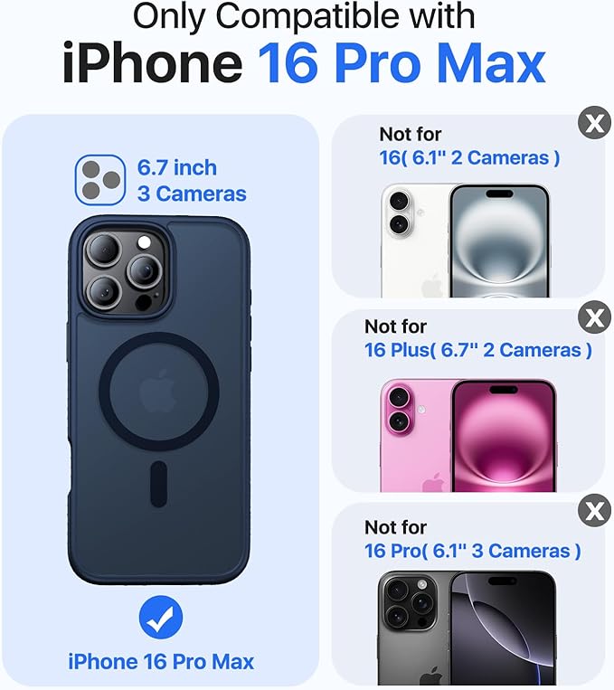 Magnetic for iPhone 16 Pro Max Case, [Compatible with MagSafe][Military-Grade Drop Protection][Anti-Yellowing]Shockproof Translucent Matte Cover for iPhone 16 Pro Max Phone Case,Midnight Blue