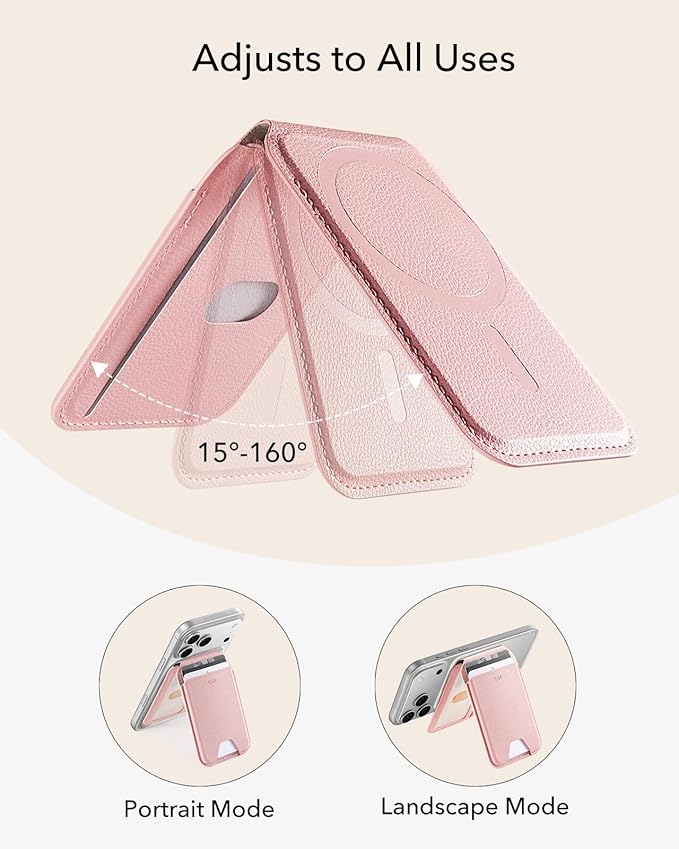 ESR Upgraded Aura for MagSafe Wallet, 5 Card Holder with Adjustable Stand, Magnetic Wallet for iPhone 17e/17/16/15/14/13/12 Series, Not for iPhone 13/12 Mini, Vegan Leather, Pink