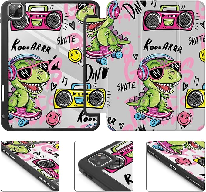 Mektron Case for iPad Pro 11 inch (4th, 3rd, 2nd & 1st Gen) 2022 2021 2020 2018, Buit in Pencil Holder with Shockproof Cover Clear Shell + Trifold Stand + Auto Wake/Sleep, Cool Dinosaur