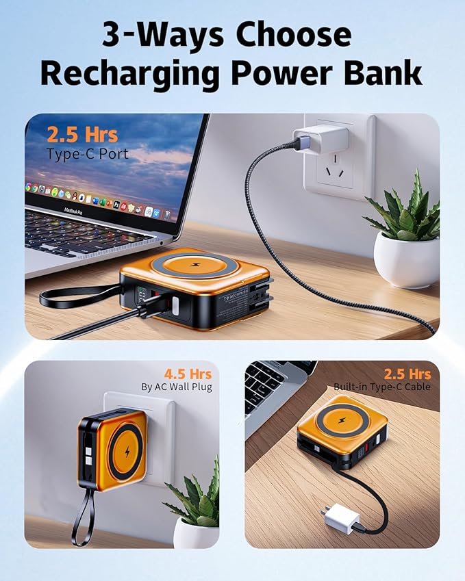 for Magsafe Portable Charger with Built-in Cables and AC Wall Plug, 10000mAh Magnetic Wireless Power Bank 22.5W Type-C in & Out Fast Charging Battery Pack for iPhone 17/16/15/14/13/12 Series, Orange