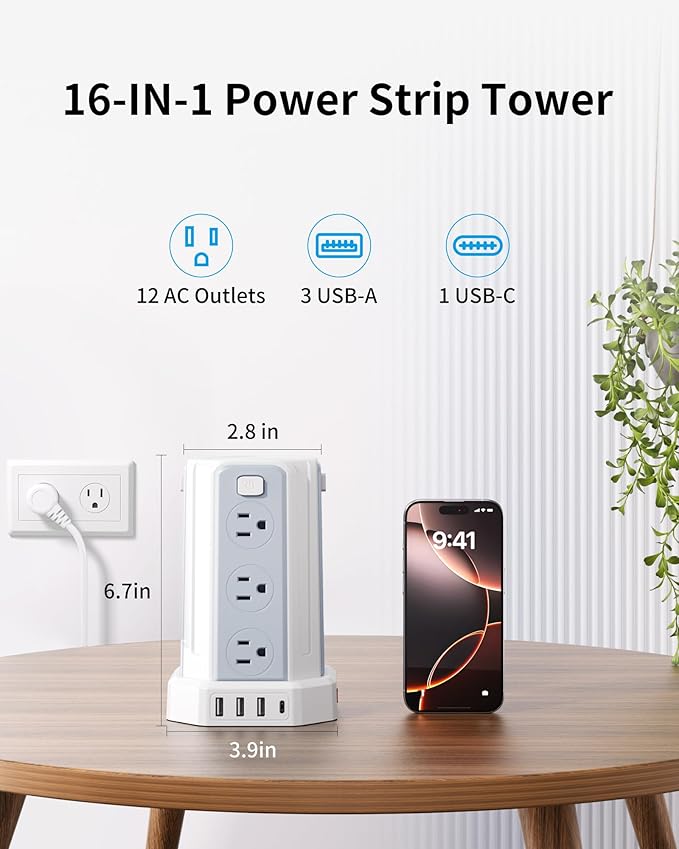 Power Strip Surge Protector, 10 Ft Extension Cord with 12 AC Multiple Outlets 4 USB (1 USB C), SMALLRT Power Tower Desktop Charging Station