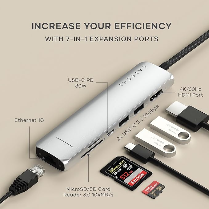 Satechi 7 in 1 USB C Hub Multiport Adapter with Ethernet, HDMI 4K@60Hz, 100W PD Charging, 2X USB-A Data Ports, Micro/SD Card Readers for MacBook Air/Pro/Neo, iPad Air/Pro, Windows - Silver