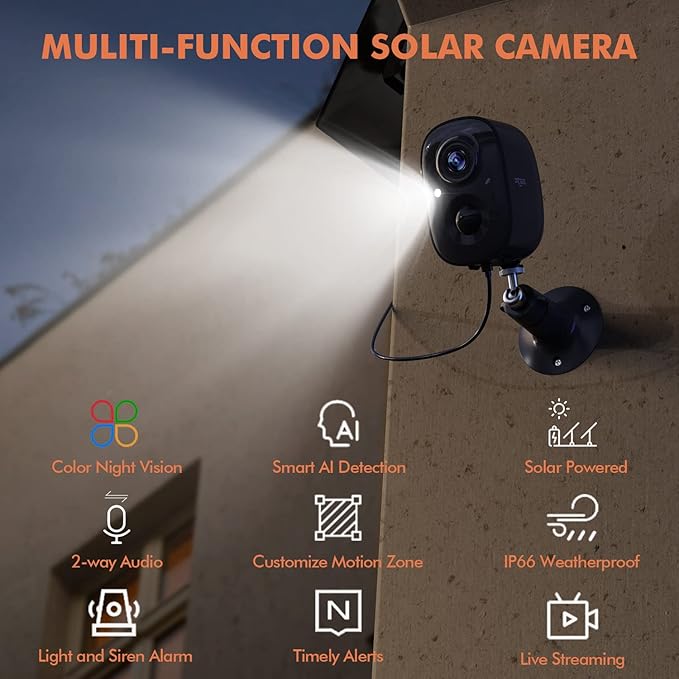 Dzees Solar Cameras for Home Security, 2K Home Security Camera System, Indoor/Outdoor Surveillance, Spotlight & Siren, PIR/AI Detection, Color Night Vision, Cloud/SD Storage,2.4GHz Wi-Fi,IP66, 2 Pack
