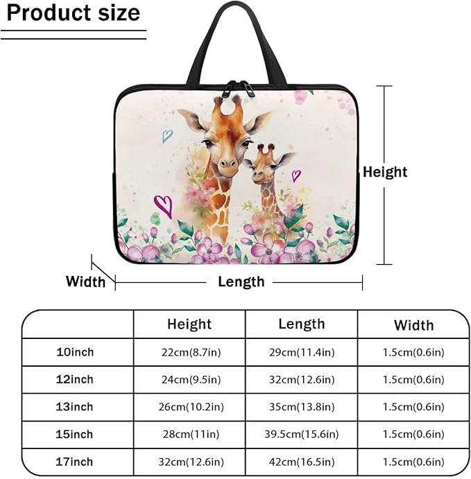 10 Inch Giraffe Flowers Laptop Sleeve, Laptop Cover Computer Bag Tablet Carrying Case with Handle, Zipper Tote Bags Notebook Sleeves Handbag Messenger Briefcase for Men Women