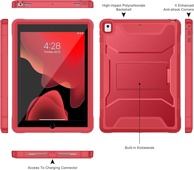 Soke Case for iPad 6th/5th Generation 9.7 Inch 2018/2017,with Built-in Screen Protector and Kickstand, Rugged Full-Body Heavy Duty Protective Cover for Apple iPad Air 2 /Pro 9.7 - Burgundy Red