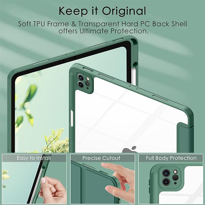 Soke Case for iPad Pro 12.9 Inch (6th/5th/4th/3rd Generation, 2022/2021/2020/2018) - Pencil Holder + Auto Sleep/Wake + Camera Protection, Transparent Shockproof Back Cover,Pine Green