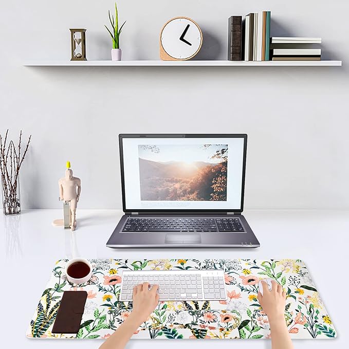 DINKY Keyboard Mouse Pad Set, Large Gaming Mousepad + Memory Foam Ergonomic Keyboard Wrist Rest Support, Easy Typing Pain Relief, 4Pcs (35.4" x 15.7") Extended Desk Mat -Beautiful Floral