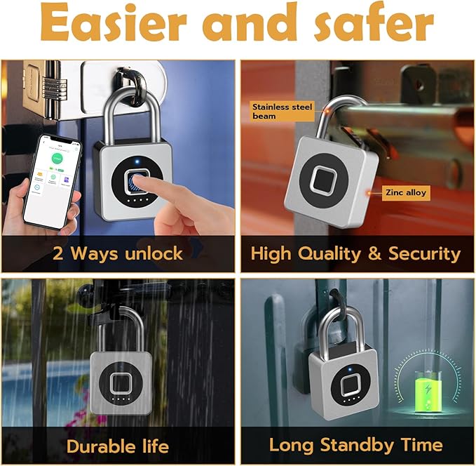 Pothunder Fingerprint Padlock, Fingerprint Lock with APP, Padlock with Steel Cable Keyless Biometric, Waterproof Suitable for Gym, Locker, Helmet, Gate, Fence, Luggage