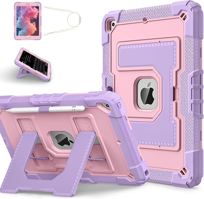 Kids Friendly Case for Apple iPad 10.2" 9th 8th 7th Generation 2021/2020/2019 Case with Pencil Holder & Shoulder Strap, Military Grade Shockproof Kickstand Hard Shell Protective Cover,Pink+Purple