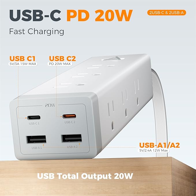 TESSAN Surge Protector Power Strip PD 20W, Ultra Thin Flat Plug 15 FT Extension Cord, 9 Outlets 4 USB(2 USB C), 1050J Protection Multiple Outlets Charging Station for Home, Office, College Dorm Room