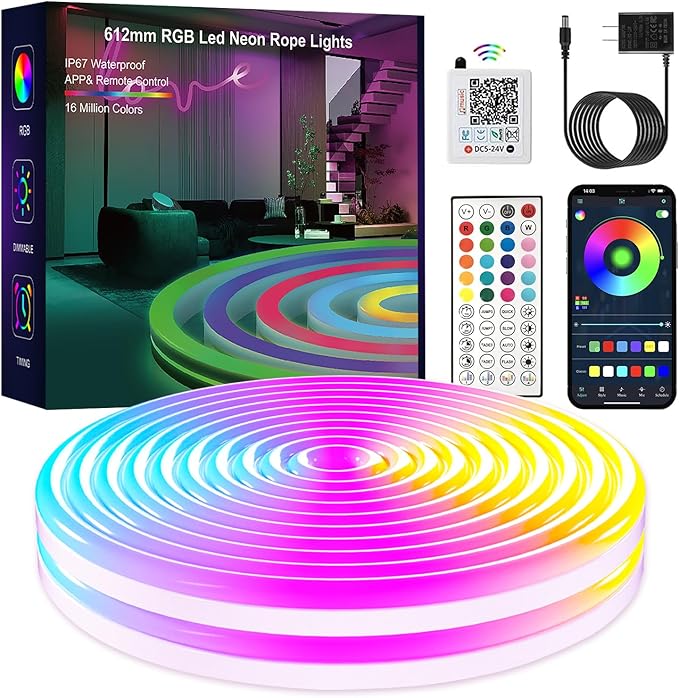 Neon RGB Rope Lights,IP67 Waterproof,Flexible Led Rope Lights,Control with App/Remote,Music Sync,for Gaming Room Living Bedroom Wall Decor (20FT)