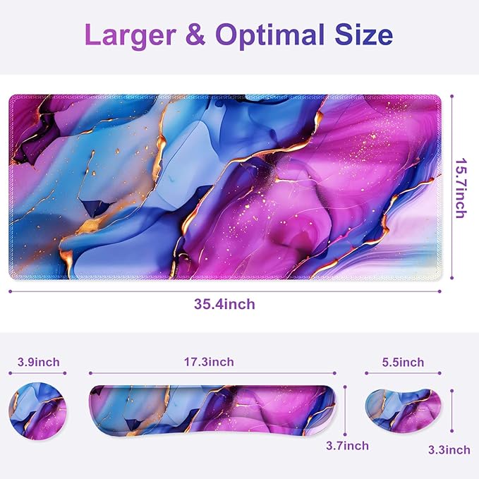 Large Gaming Mouse Pad Set, 4 in 1 Ergonomics Keyboard Desk Mat with Memory Foam Wrist Rest, Computer PC Extended Game Mousepad, Non-Slip Desk Pad Matt Easy Typing Pain Relief I Colorful Marble