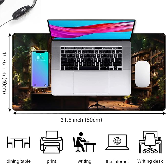 Large Desk Mouse Pad Enchanted Library Desk Mat, Extended Gaming Mouse Mat, Office Home Keyboard Pad, Magical Forest Computer Mats XXL, Full Desktop Mat Aesthetic PC Accessories 31.5" x 15.75"