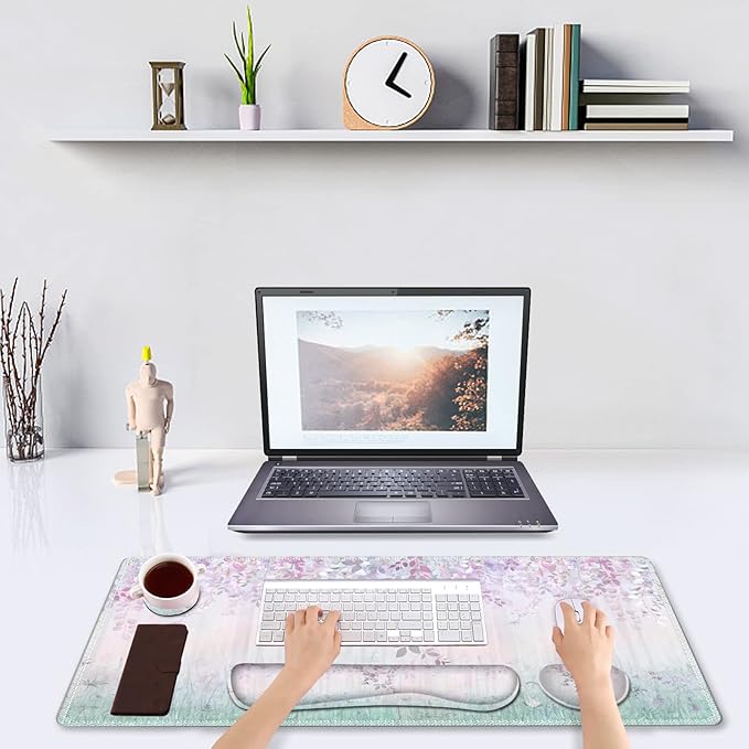 DINKY Keyboard Mouse Pad Set, Large Gaming Mousepad + Memory Foam Ergonomic Keyboard Wrist Rest Support, Easy Typing Pain Relief, 4Pcs (35.4" x 15.7") Extended Desk Mat-Leaves