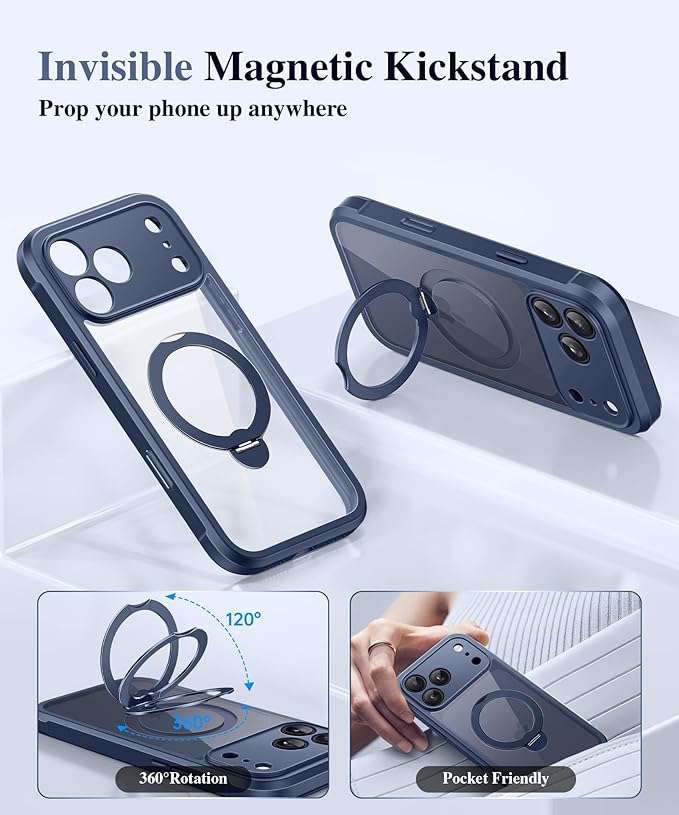 BERFY for iPhone 17 Pro Case, Compatible with MagSafe, Built in Privacy Screen Protector, Shockproof Full Body Phone Case for 17 Pro with Magnetic Stand, Clear Blue